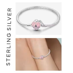 🐘🐘 S925 Sterling Silver Pink Heart Lock and Key Bracelet